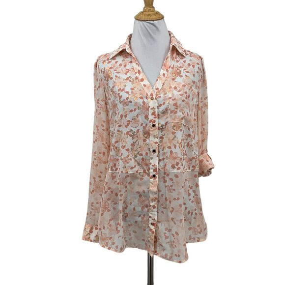 Candies Blouse Womens M Medium Floral Tab Sleeve Button Mixed Fabric Petal Back - Picture 1 of 11